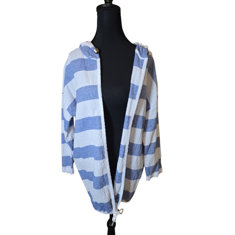 CHARLIE B Blue and White Linen Blend Beach Jacket Cover Up S